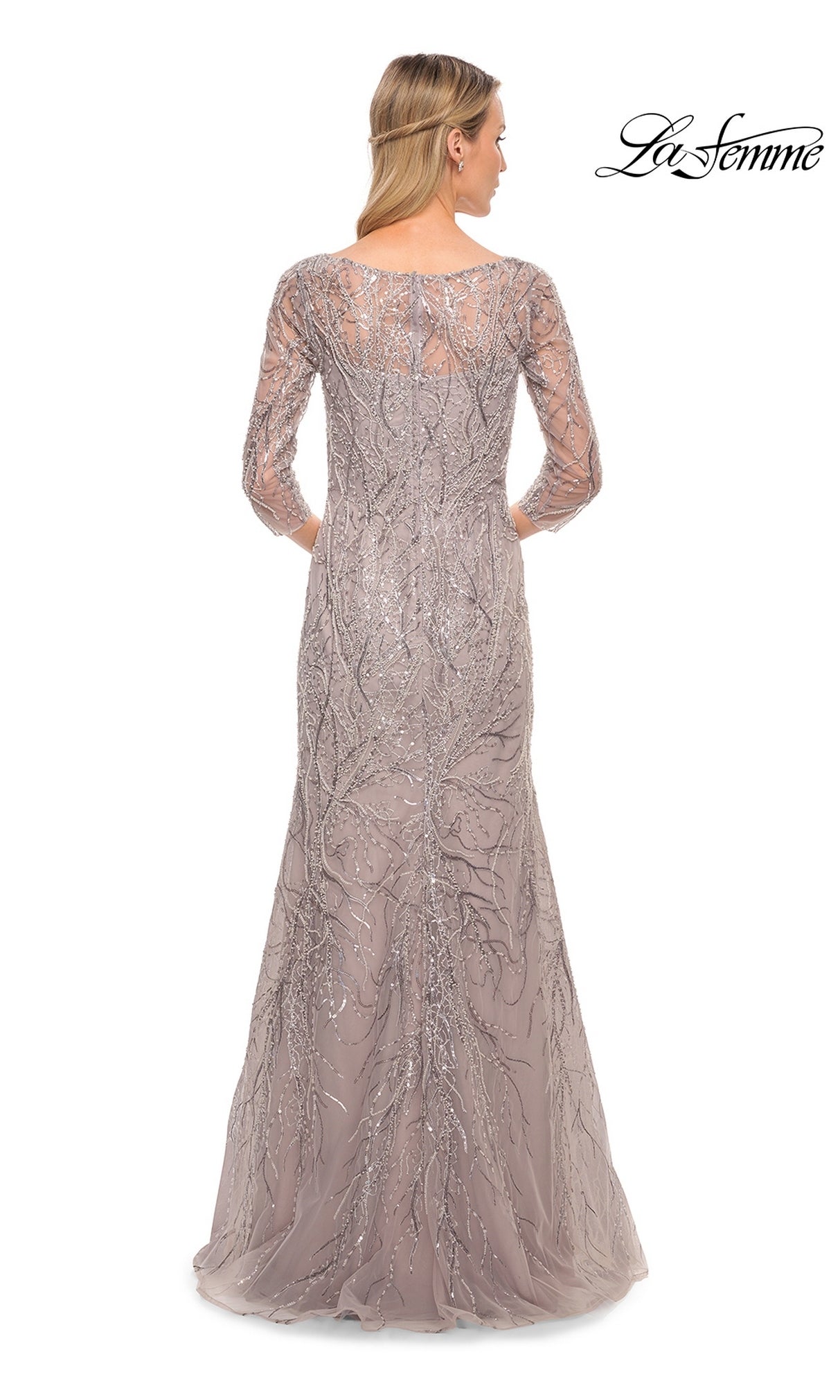 Back view of a mauve La Femme 30044 beaded embellished gown, featuring three-quarter sleeves and intricate silver metallic embroidery on this floor-length formal dress.